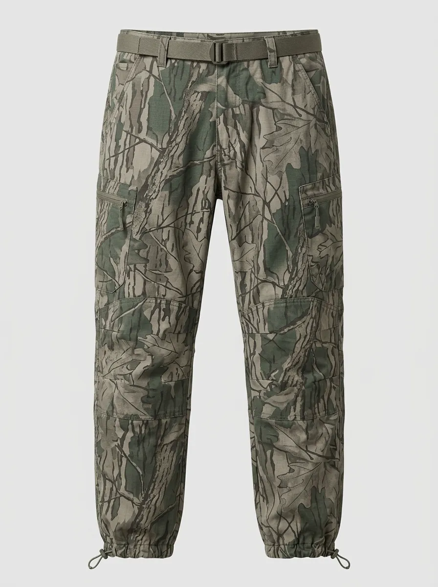 Men's Webbing-Belt Camo Reinforced-Knee Cargo Pants