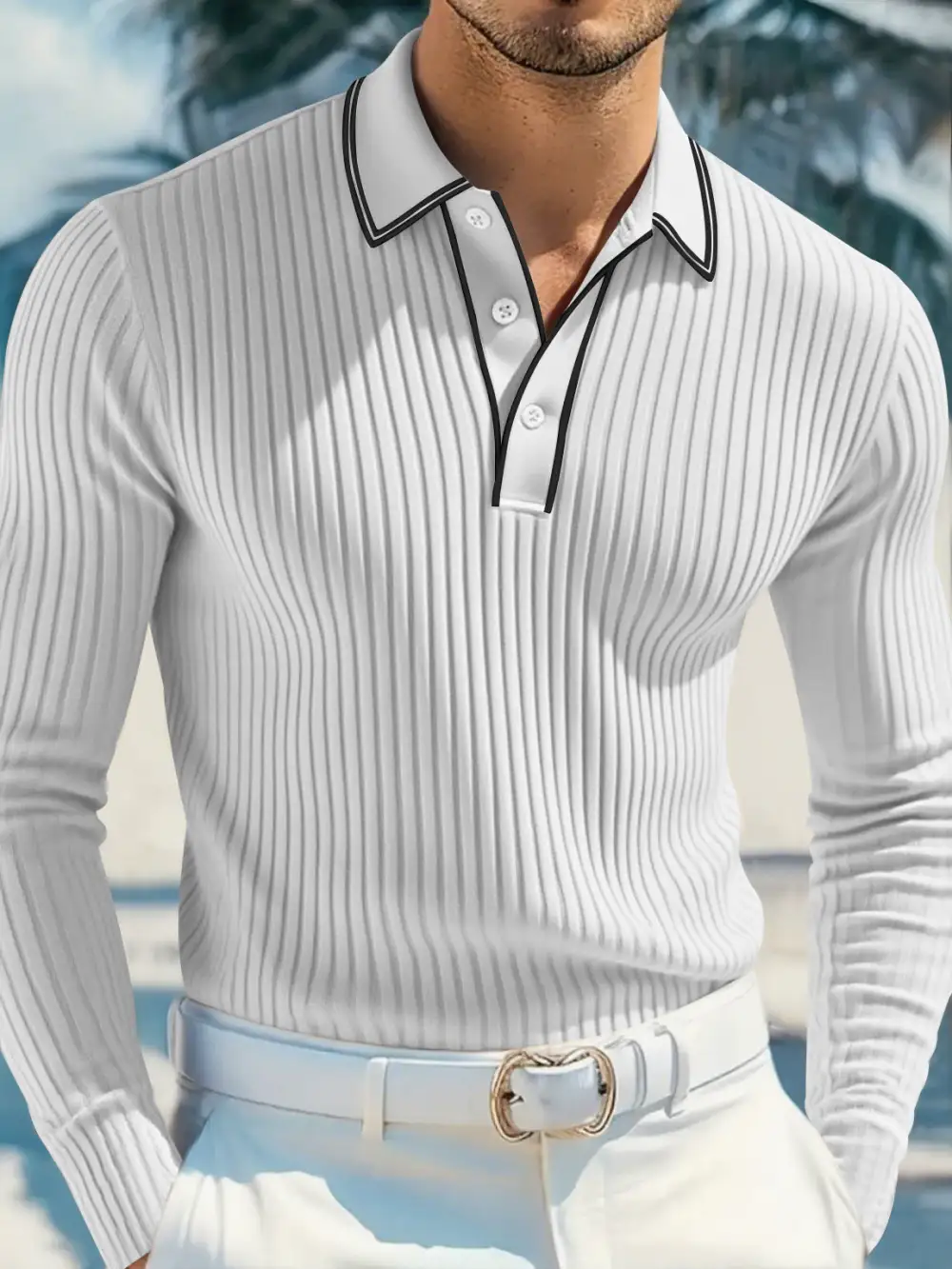 Ribbed Long Sleeve Slim Fit Polo Shirt