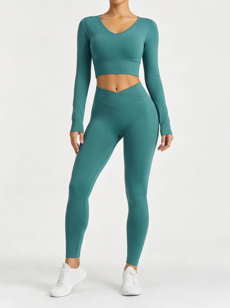Women's Teal V Neck with Leggings Matching Workout Set