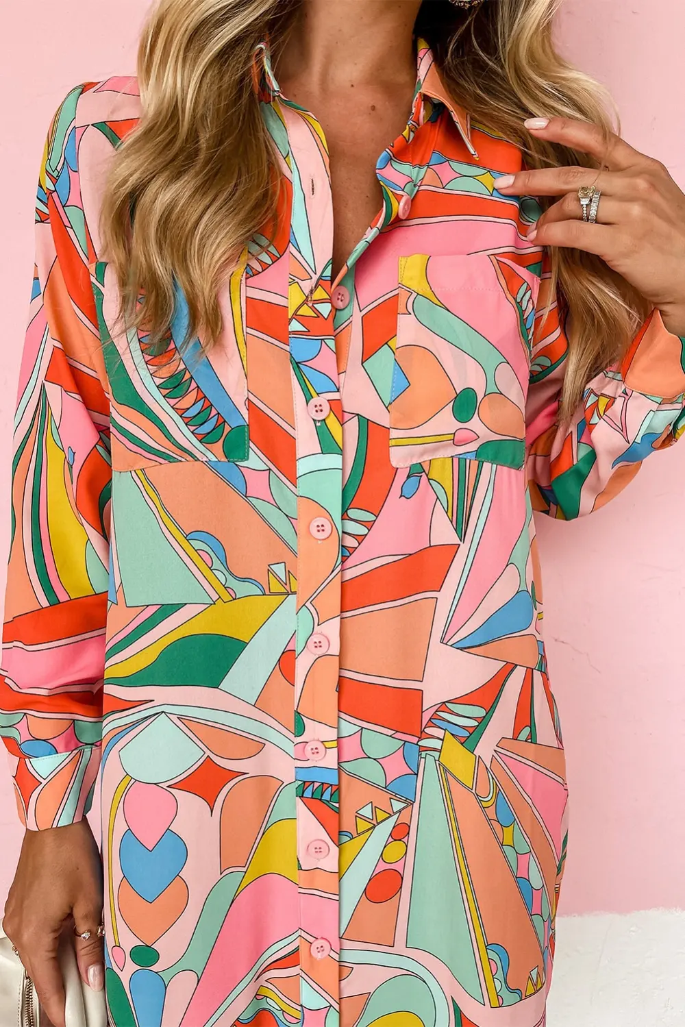 Geometric Abstract Print Long Sleeve Shirt Dress