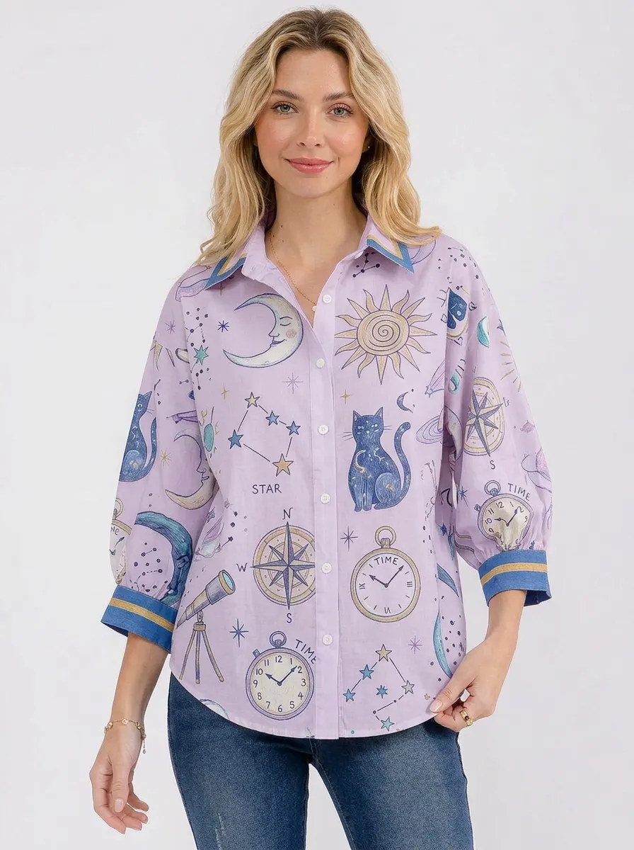 Women's Celestial Cat Sun Moon Graphic Button-Down Shirt
