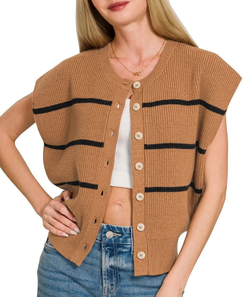 Striped Button-Down Sleeveless Sweater
