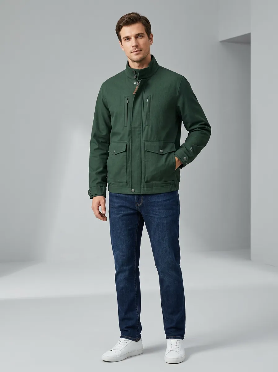 Men's Casual Outdoor Green Multi-Pocket Stand Collar Jacket