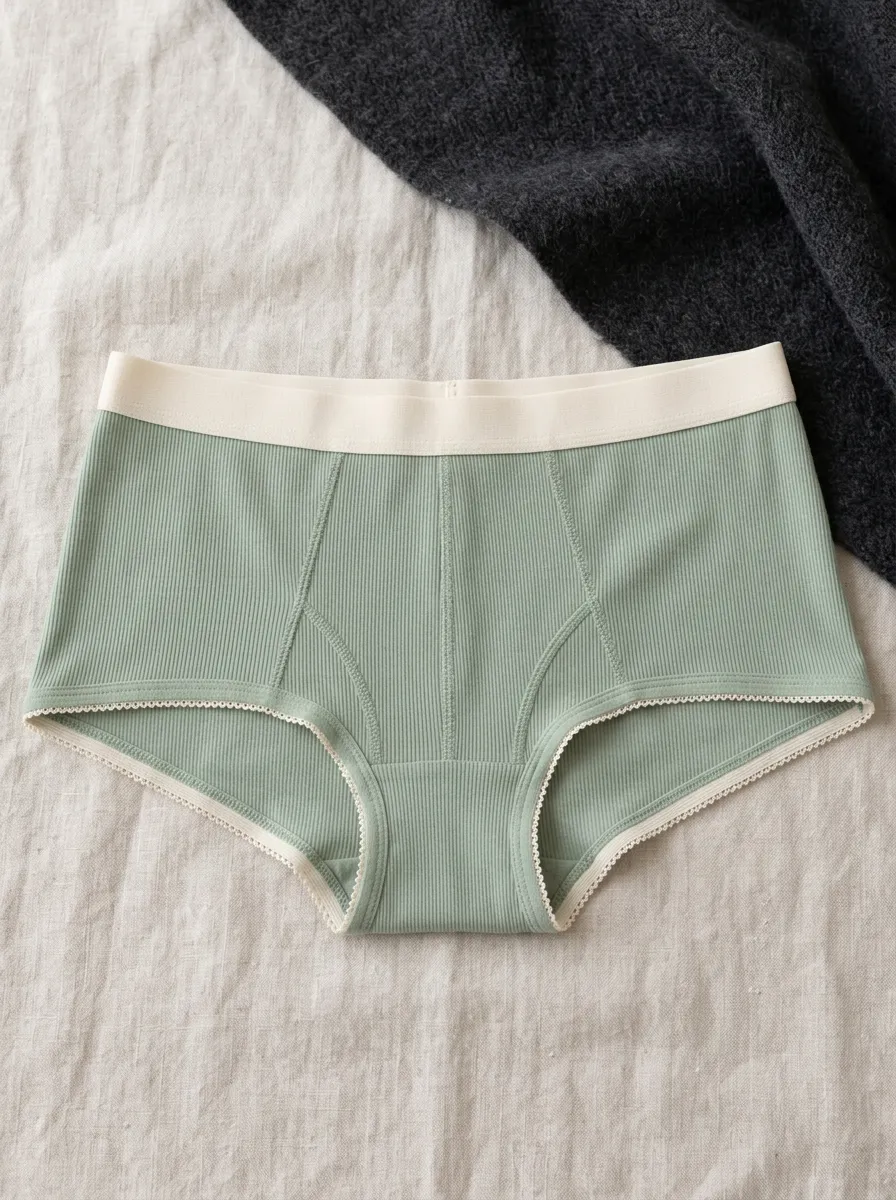 Women's Sage Green Ribbed Cotton Lace Trim Briefs