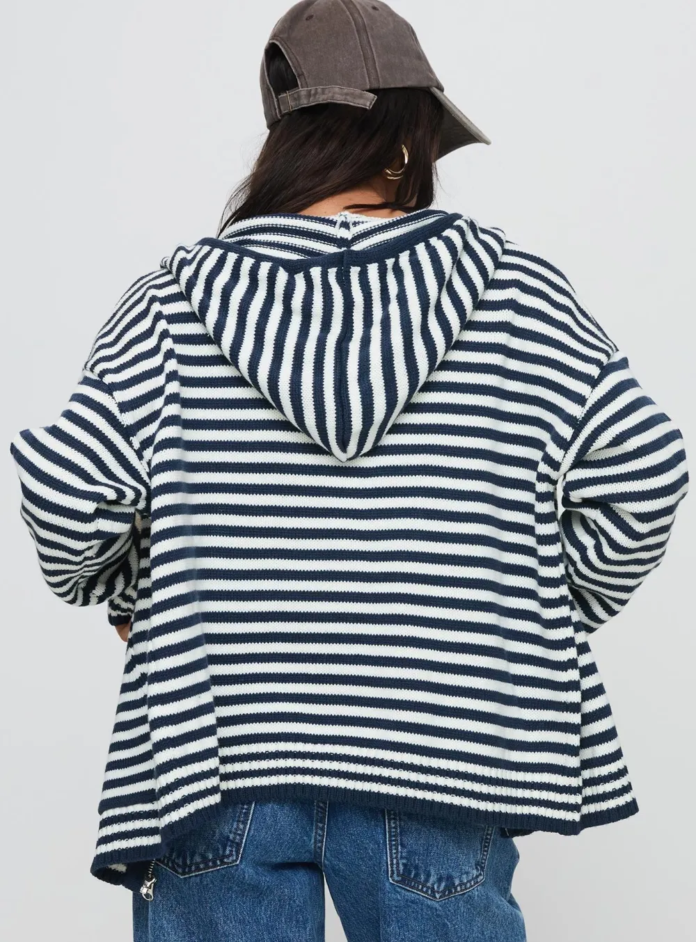 Navy Striped Hooded Zip Jacket