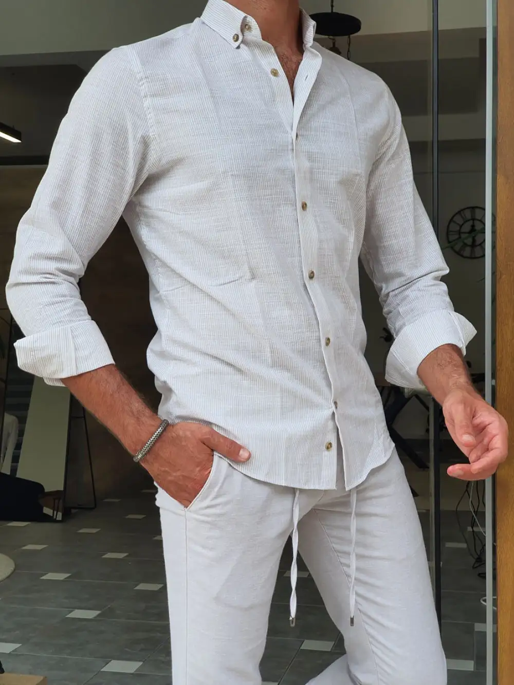 Slim Fit Striped Cotton Linen Casual Shirt