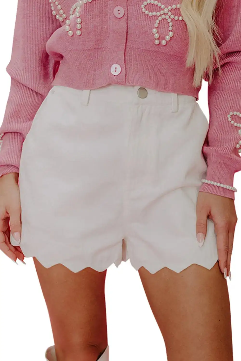 Relaxed Fit Pocketed Scalloped Denim Shorts