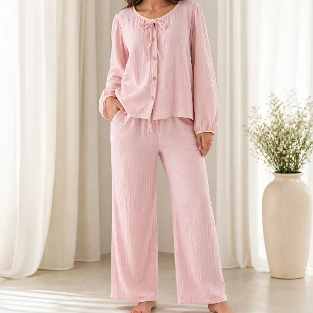 Tie-Up Cotton Textured Pajama Set