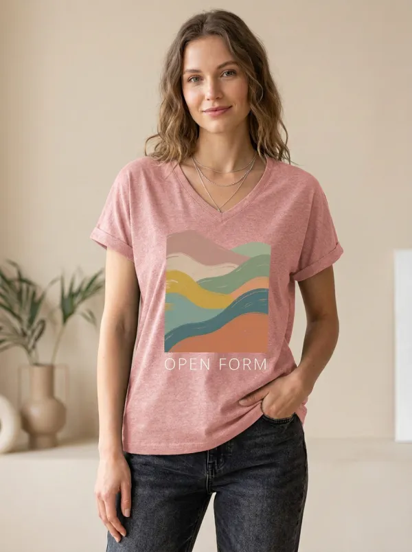 Women's Abstract Landscape Open Form Printed V-Neck T-Shirt