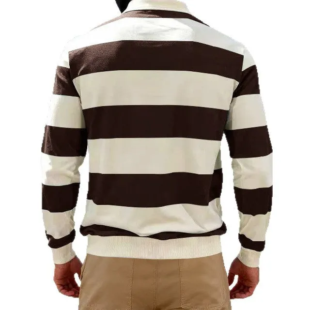 Ribbed Striped Button Placket Cotton Polo Shirt