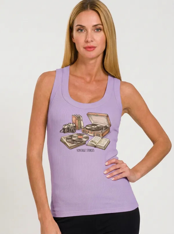 Women's Vintage Aesthetic Retro Camera Record Player Printed Tank Top
