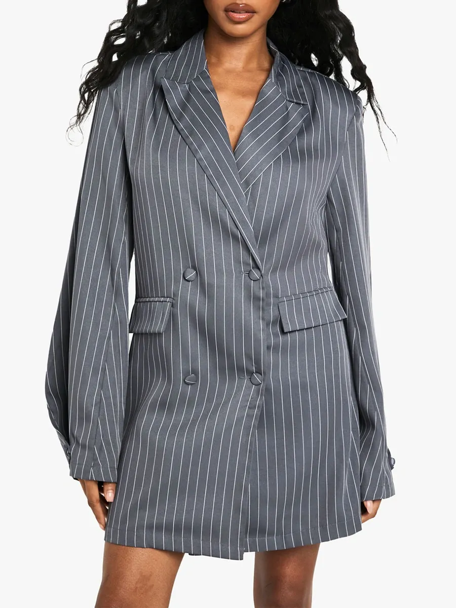 Grey Pinstripe Double Breasted Blazer Dress