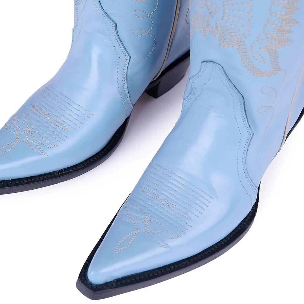 Modern Faux-Leather Embroidered Snip-Toe Block-Heel Mid-Calf Boots