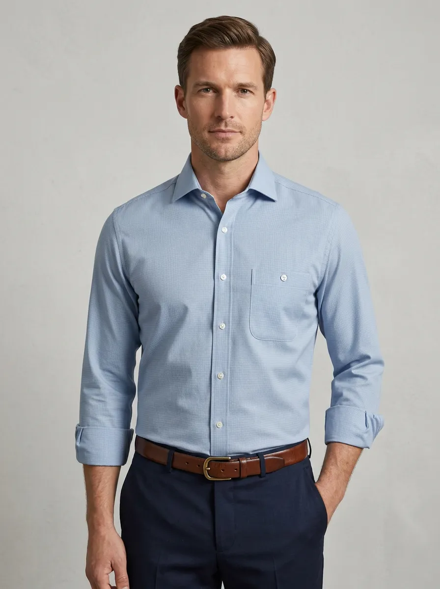 Men's Business Casual Light Blue Micro-Check Printed Dress Shirt
