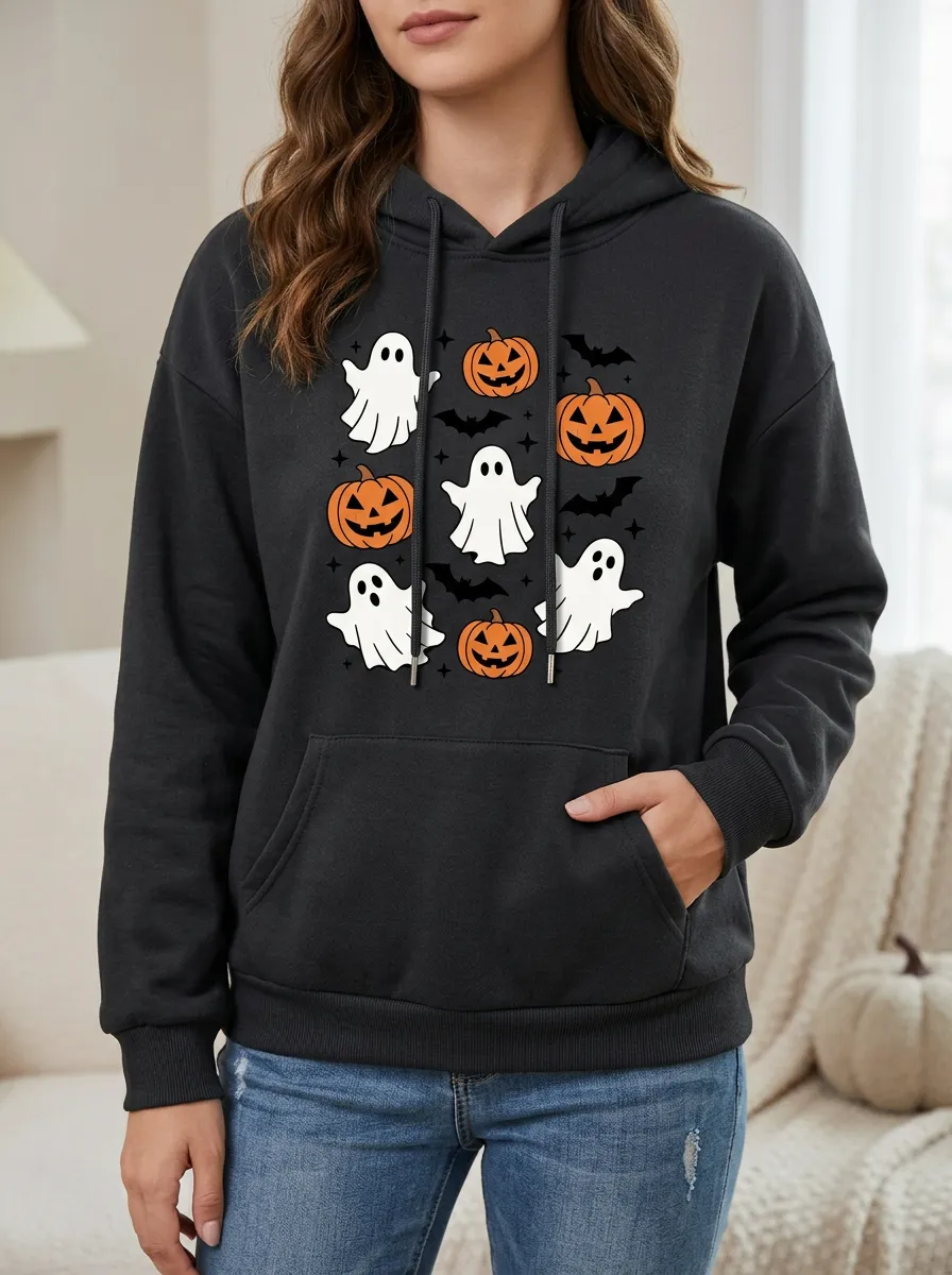 Women's Halloween Ghost Pumpkin Bat Casual Hooded Pullover