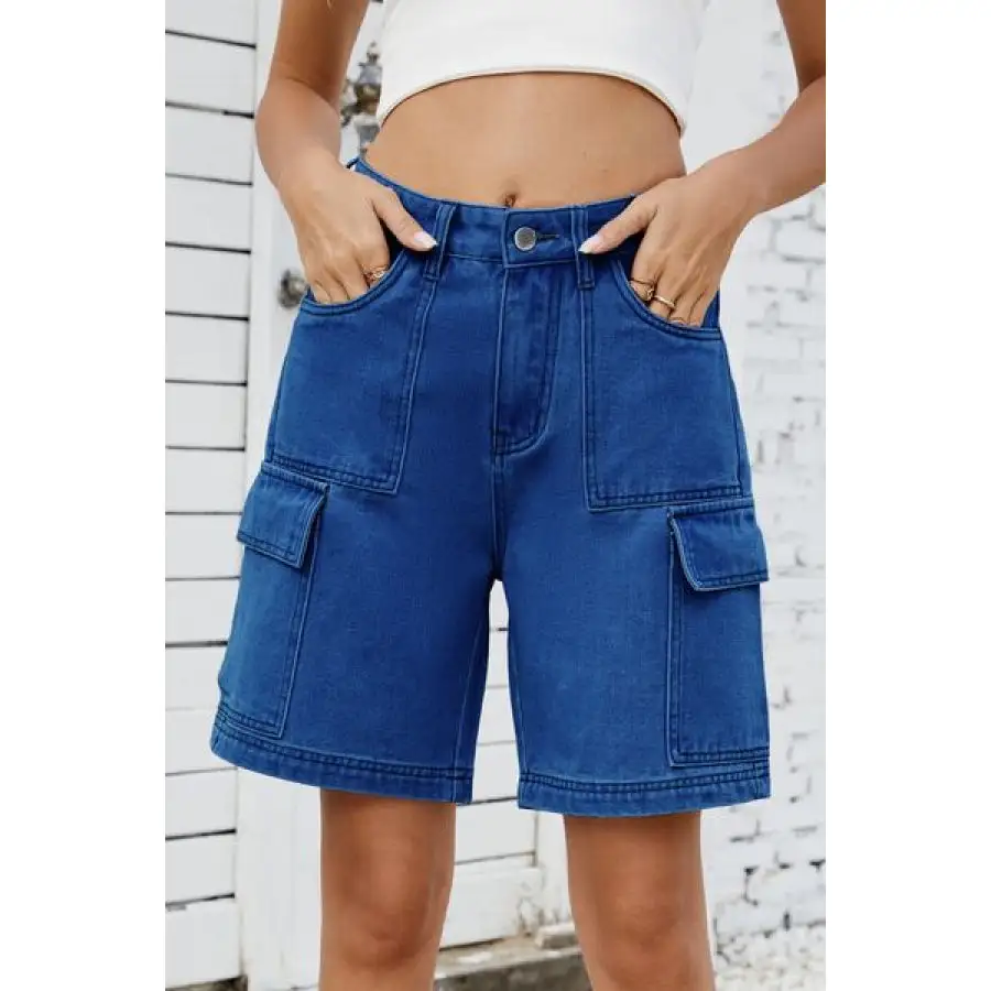 High Rise Pocketed Cargo Denim Shorts