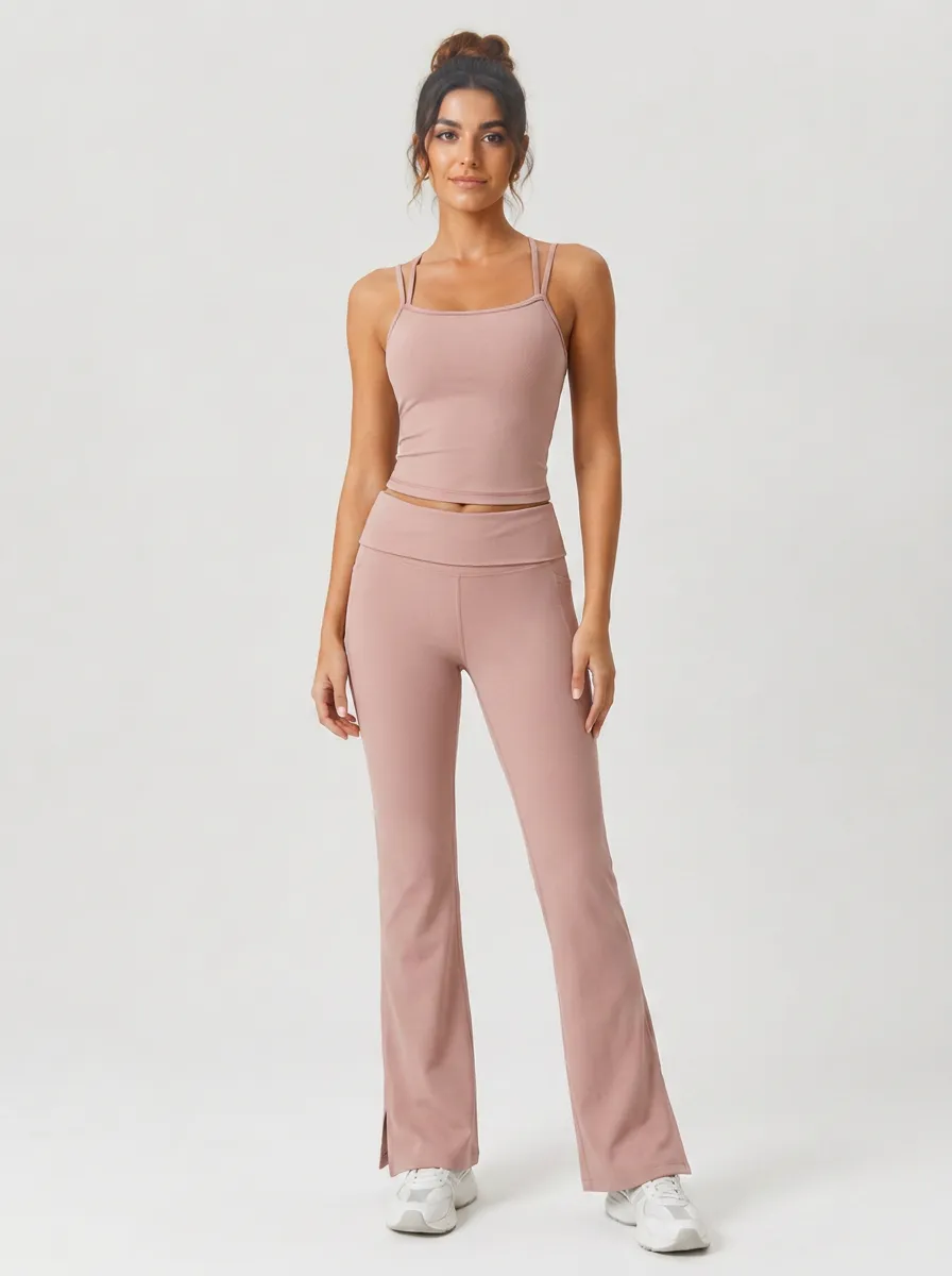 Women's Yoga Fitness Dusty Pink Ribbed Strappy Tank Flare Legging Set