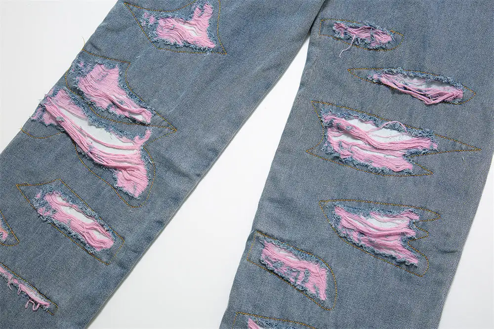 Patchwork Ripped Wide-Leg Jeans