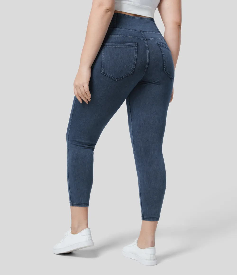 Magic High Waisted Crossover Multiple Pockets Stretchy Knit Denim 7/8 Plus Size Work Leggings