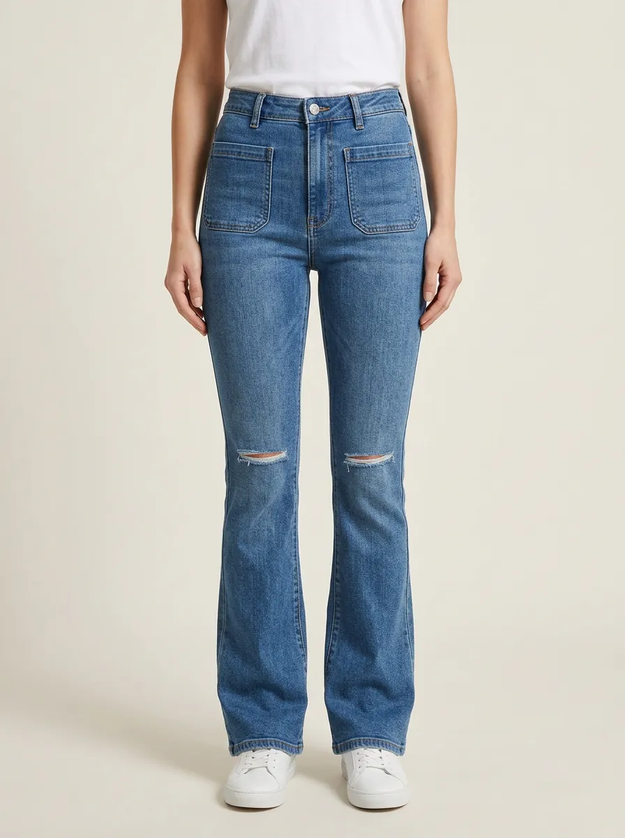Women's High-Rise Square Patch-Pocket Slit-Knee Flare Jeans