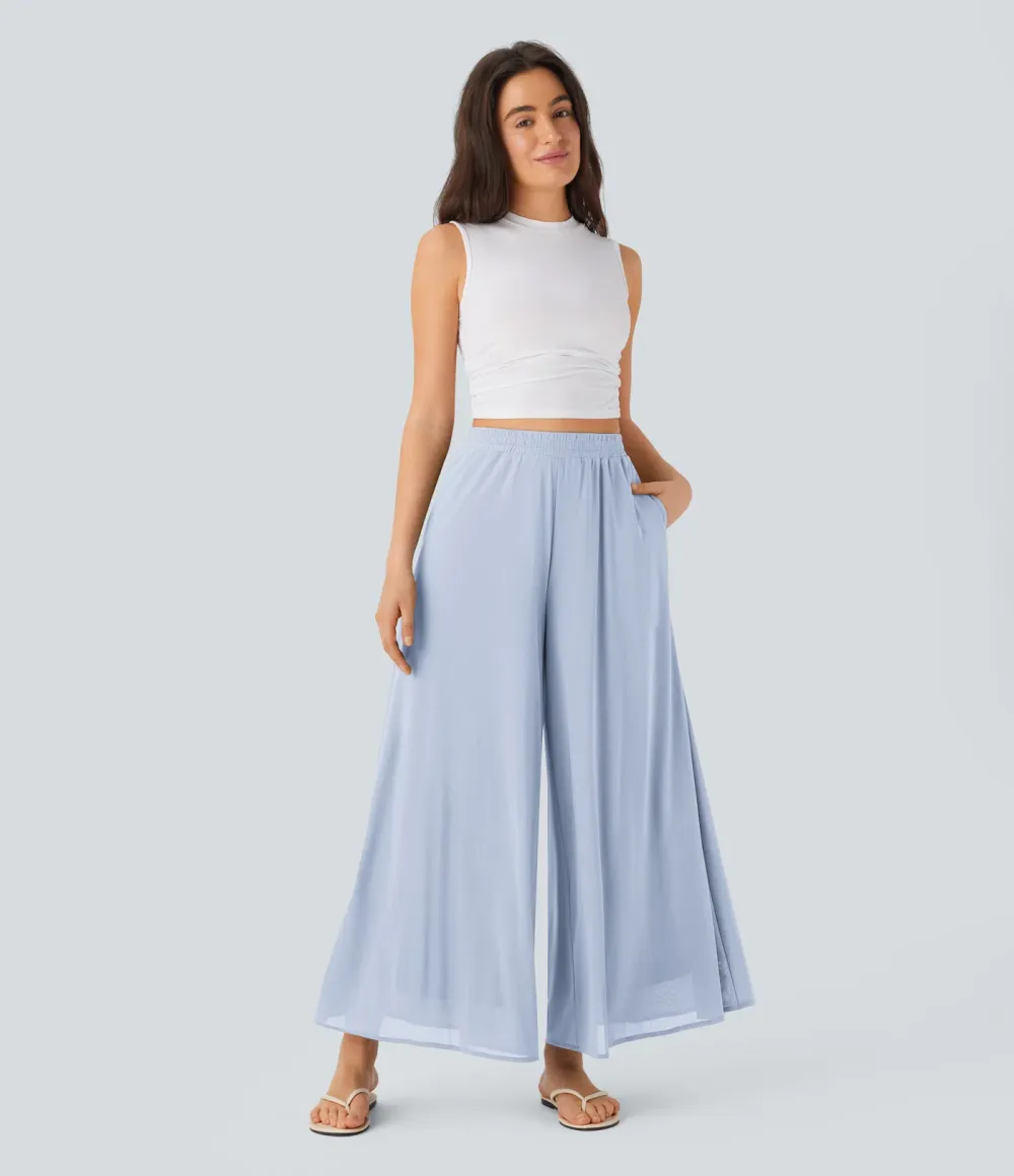 High Waisted Pocket Mesh Overlay Wide Leg Casual Pants