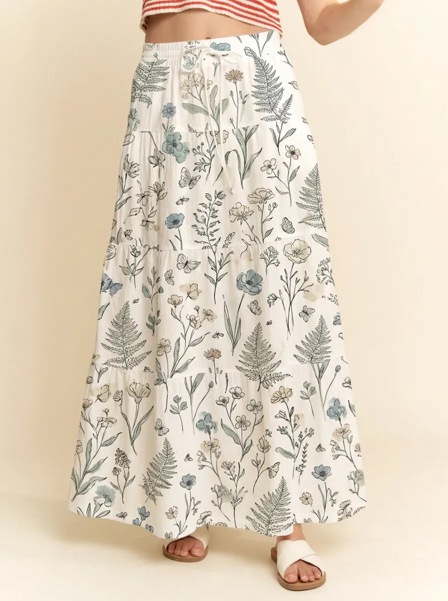 Women's Botanical Garden Floral Fern Printed Maxi Skirt