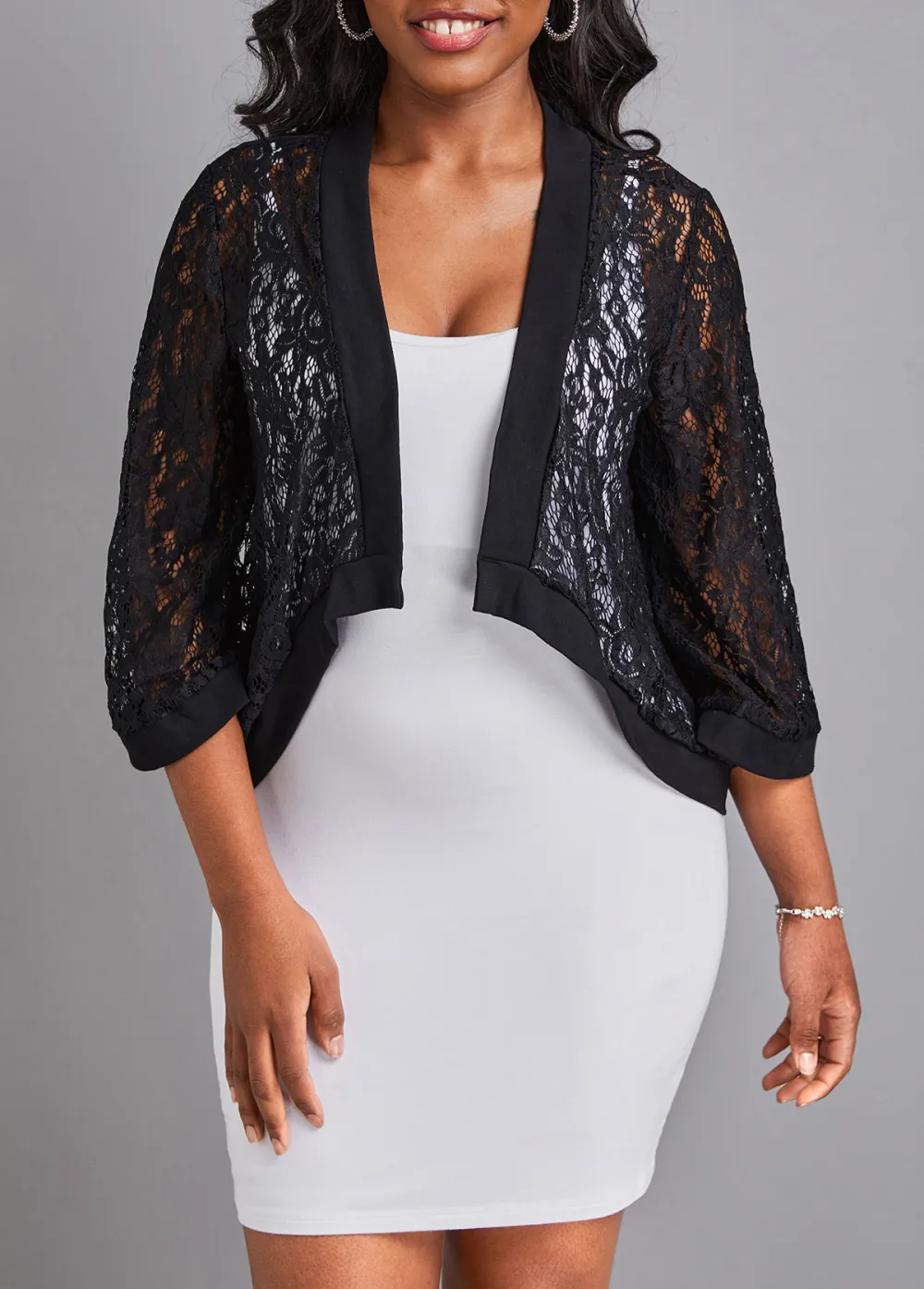 Black Lace Three Quarter Length Sleeve Coat