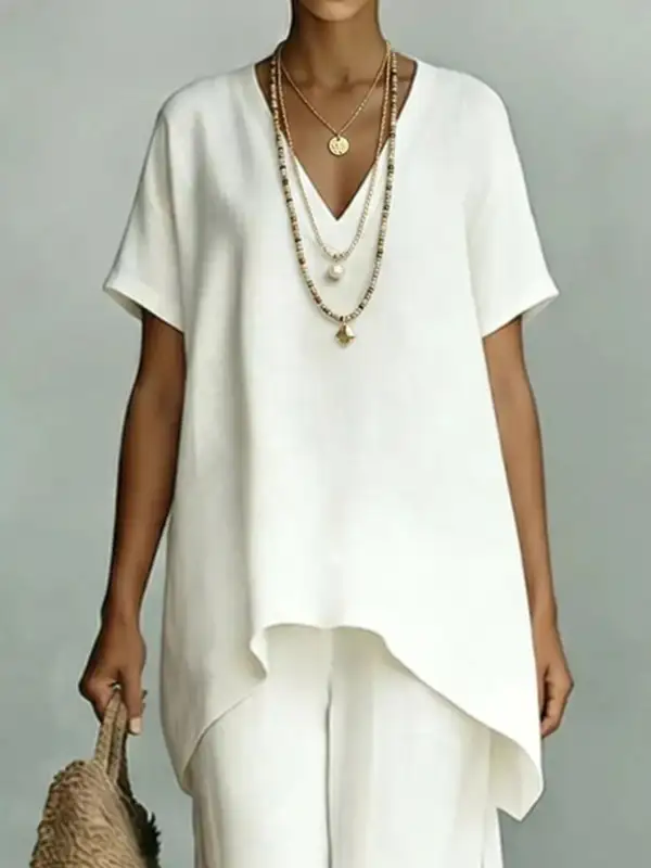 Full Size V Neck Top and Wide Leg Pants