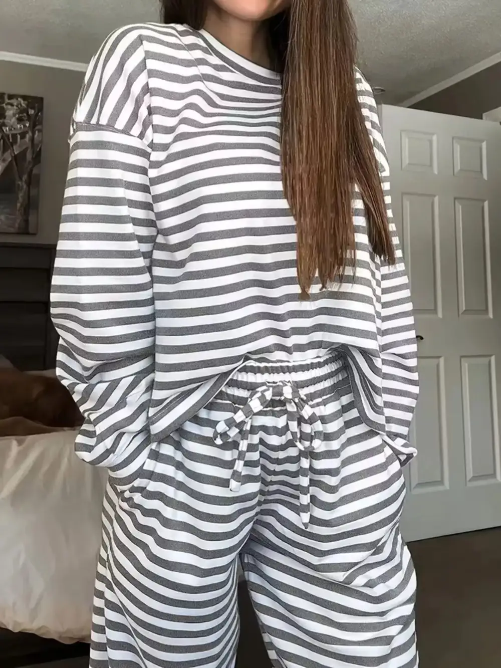Relaxed Striped Round Neck Top and Pants Set