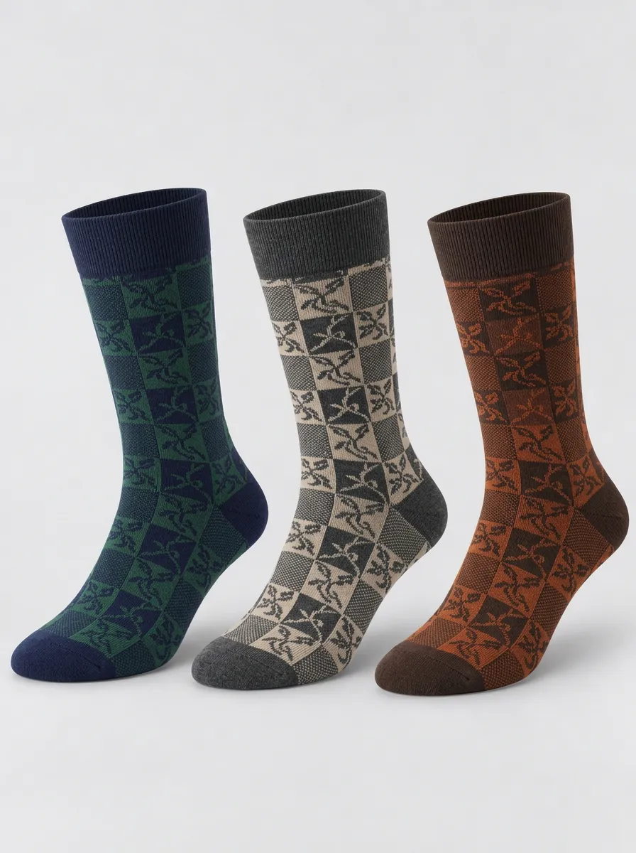 Men's Geometric Floral Pattern Printed Crew Socks 3-Pack