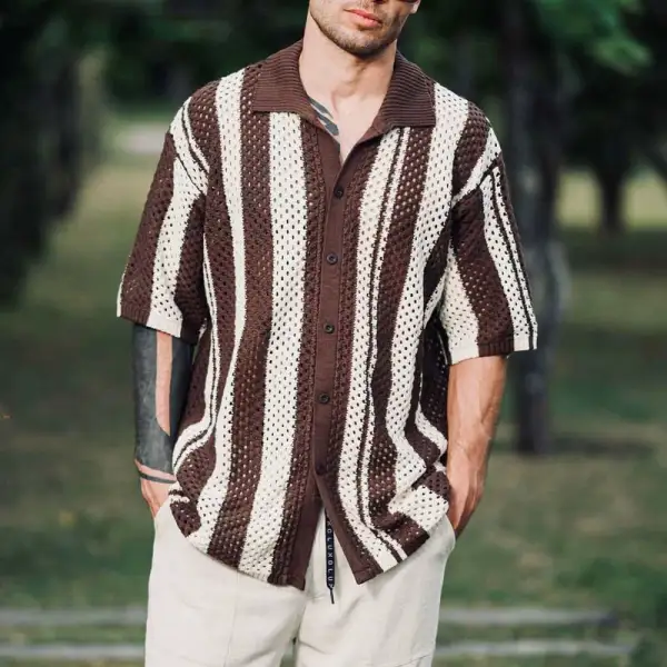 Striped Open-Knit Short Sleeve Shirt