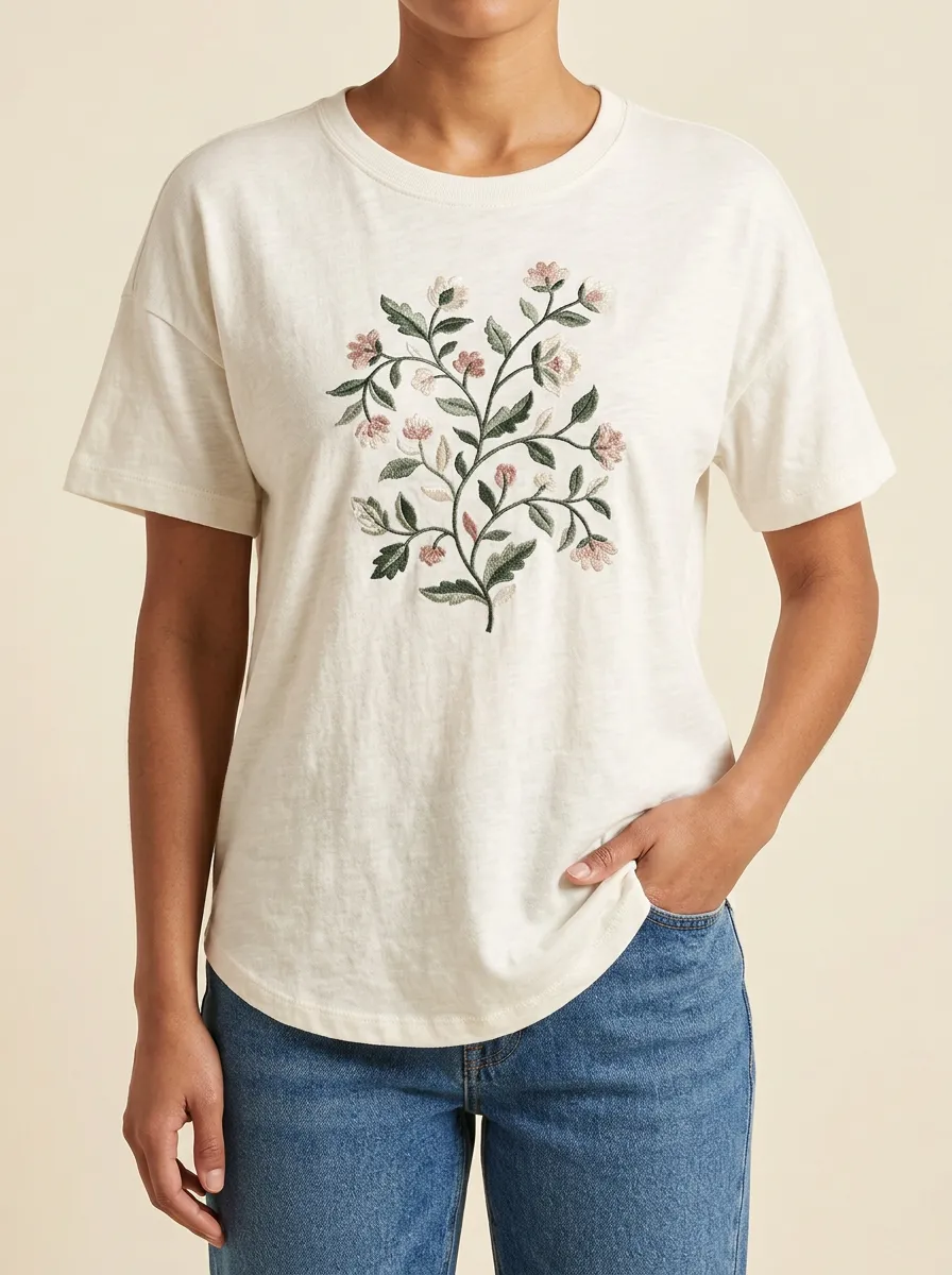 Women's Short Sleeve Casual Top with Floral Print Embroidered Detail Detail