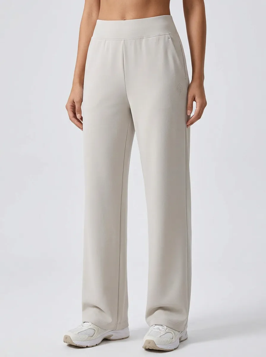 Women's Minimalist Solid Beige Leaf Logo Printed Wide Leg Pants