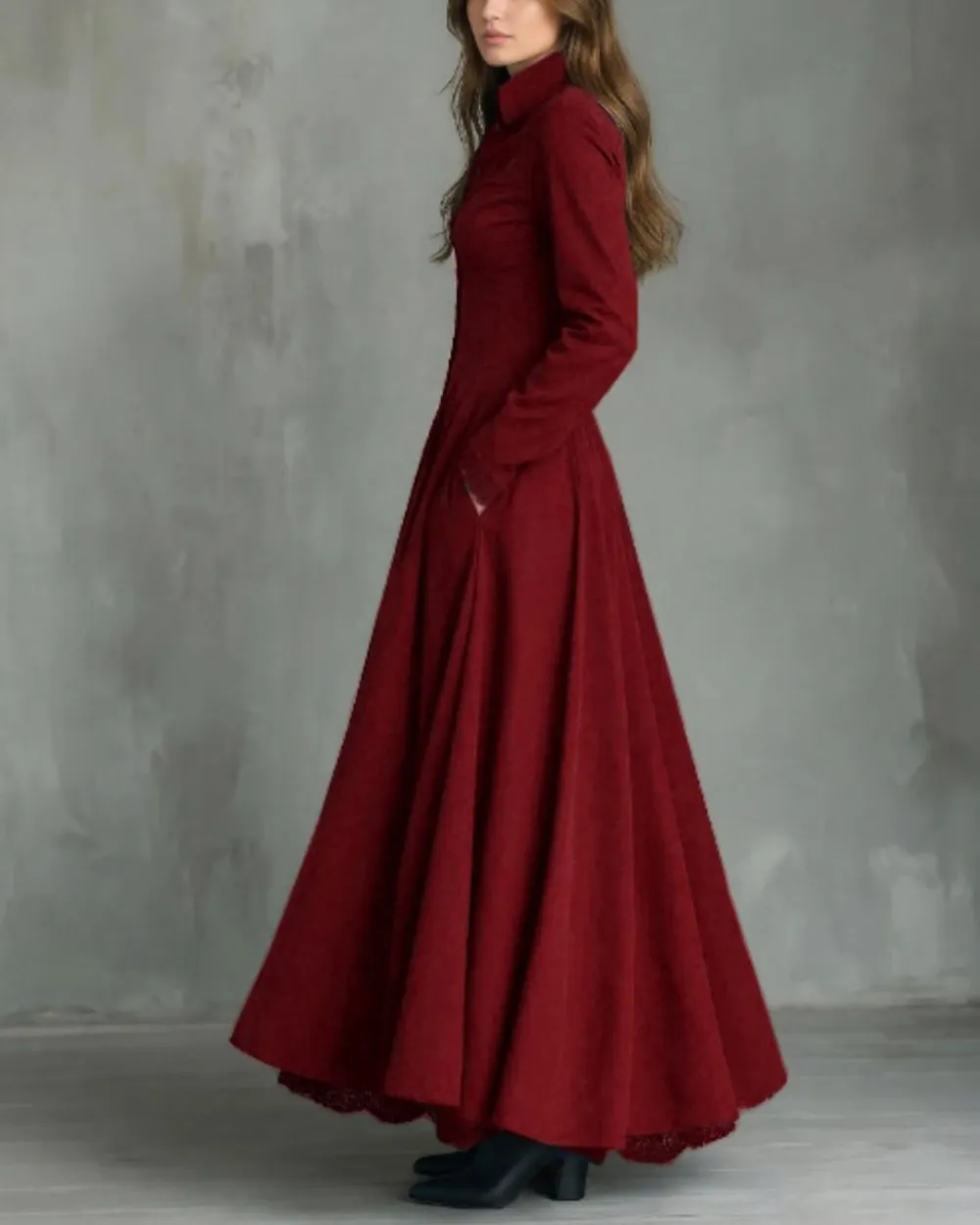 Vintage Faux Suede Lace Trim Shirt Maxi Dress