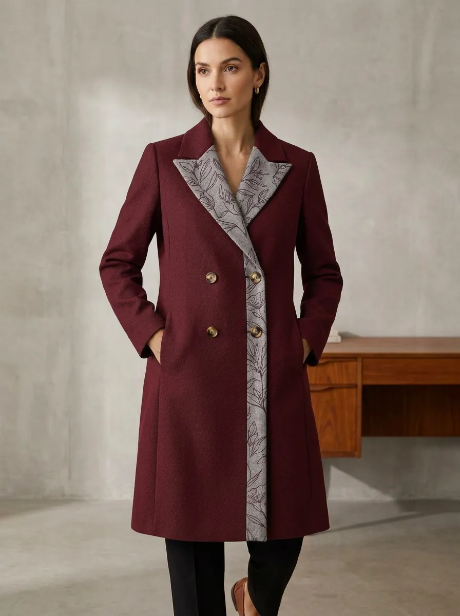 Women's Floral Lapel Charcoal Double-Breasted Pattern Coat