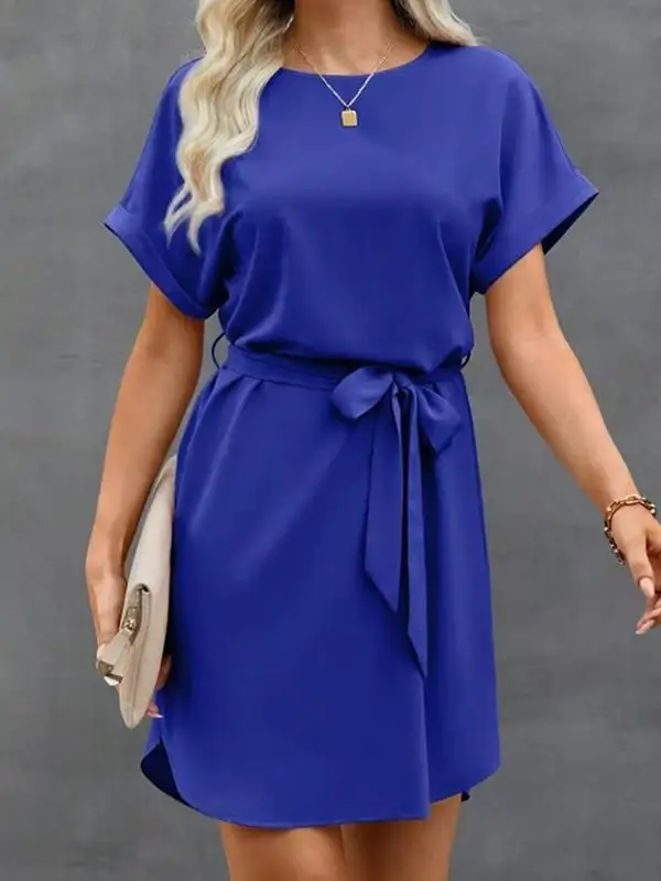 Relaxed Short Sleeve Solid Color Tied Waist Round Neck Mini Dress