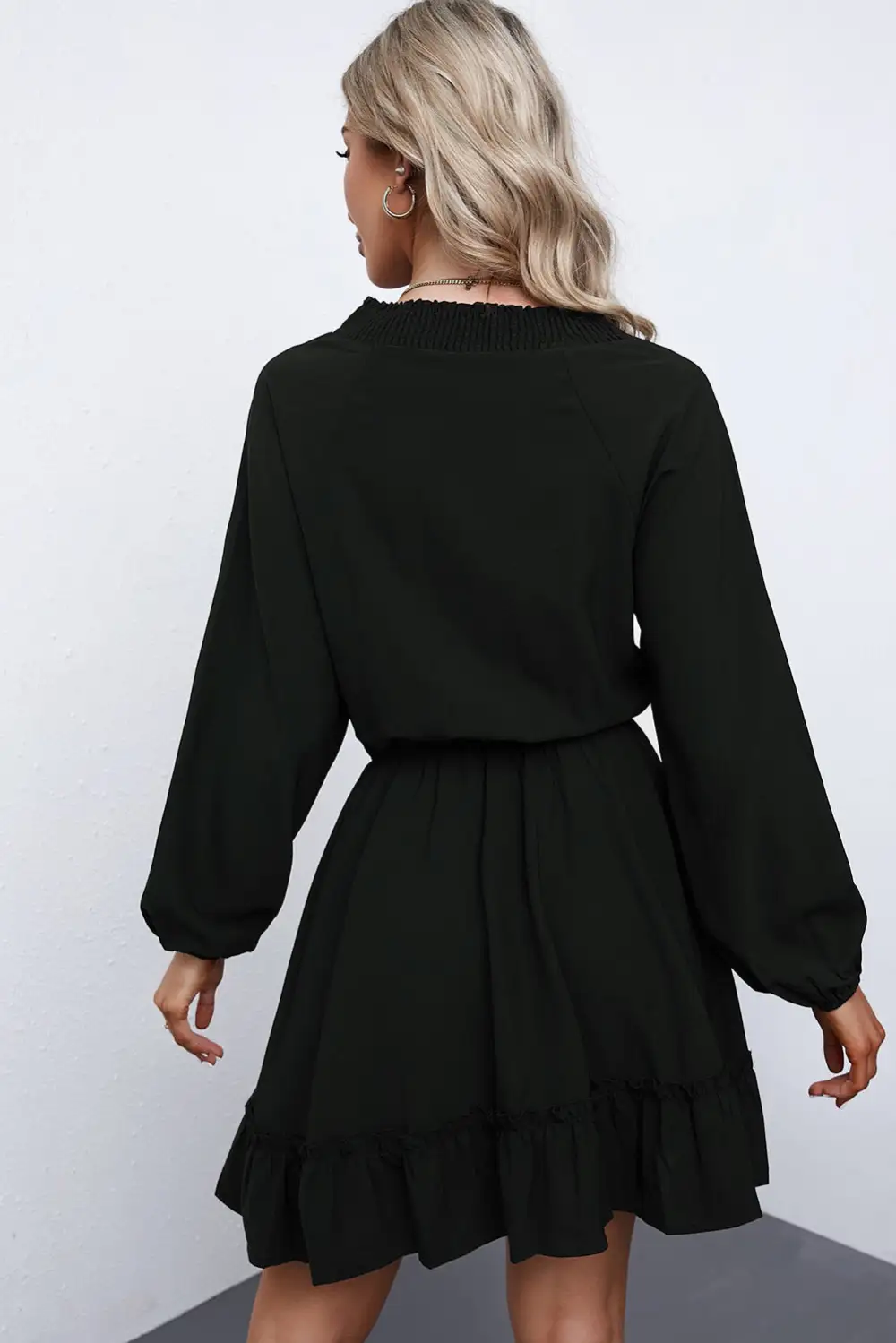 Bubble Sleeve Split Neck Ruffle Tunic Dress