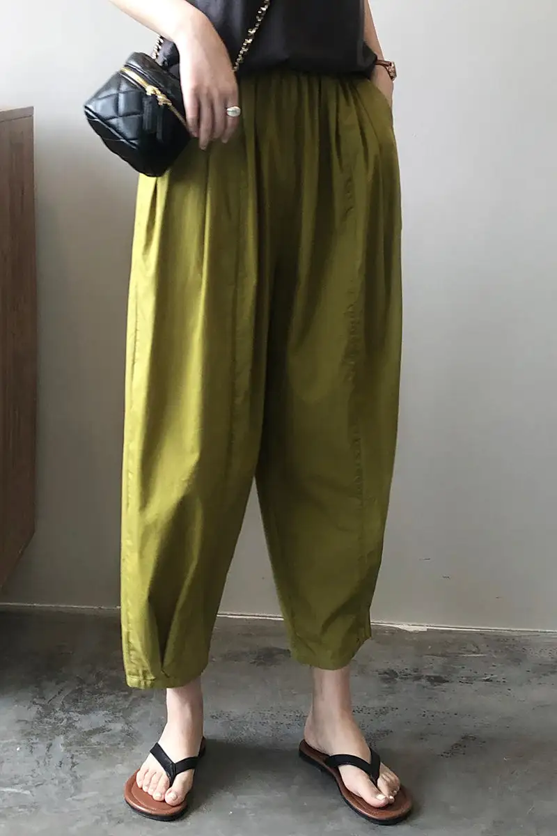 Refined Cotton Wide Leg Elastic Waist Pocketed Trousers