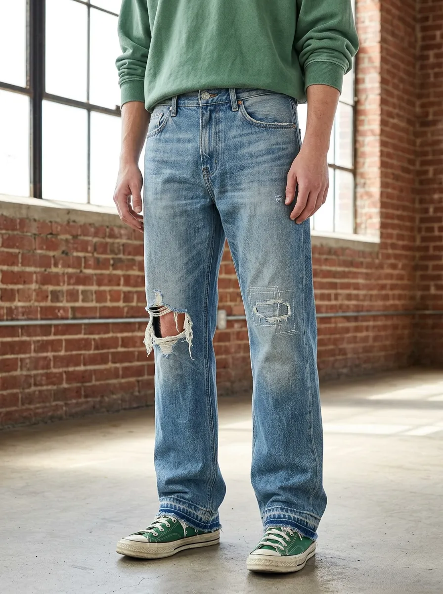Men's Denim Patchwork Jeans with Five Pocket