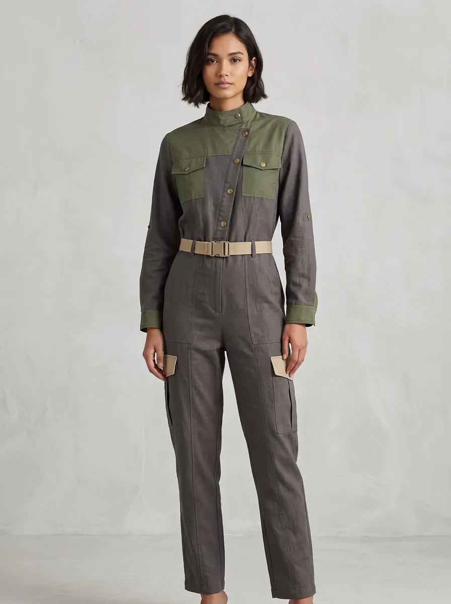 Utility Style Colorblock Cargo Jumpsuit