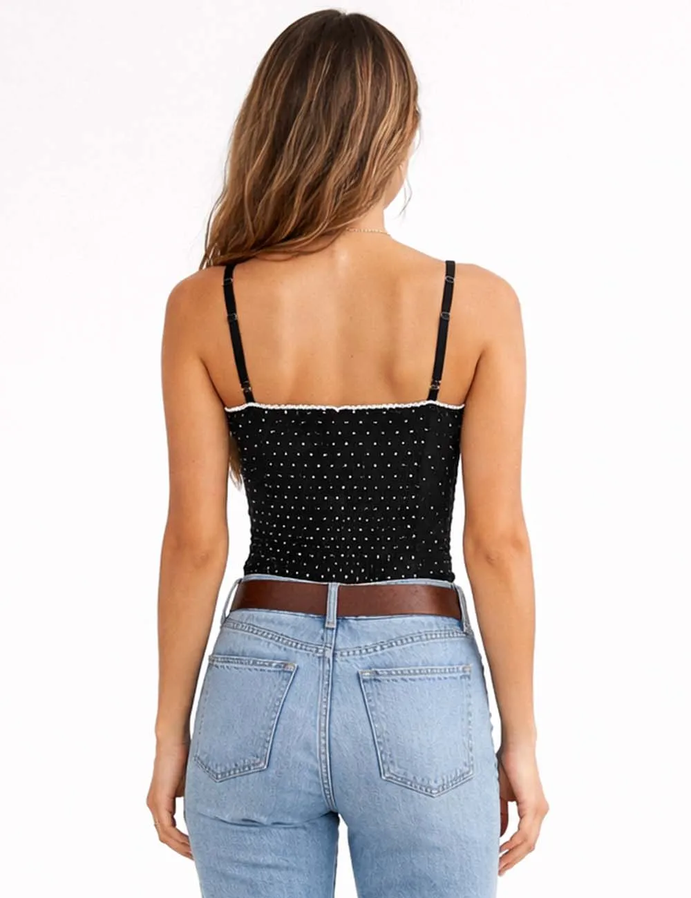 Chic Polka Dot Lace Trim Corset Square Neck Cami Top
