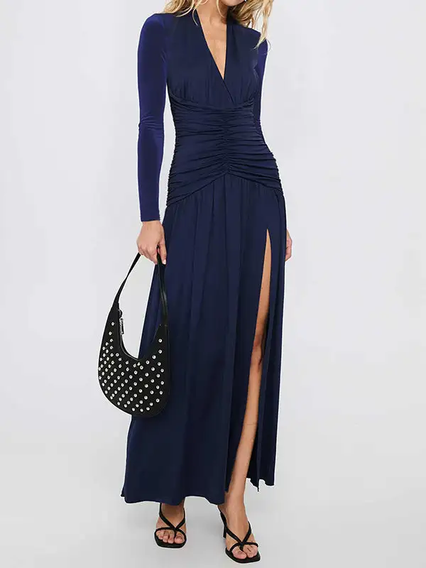 Side Pleated Neck Maxi Dress