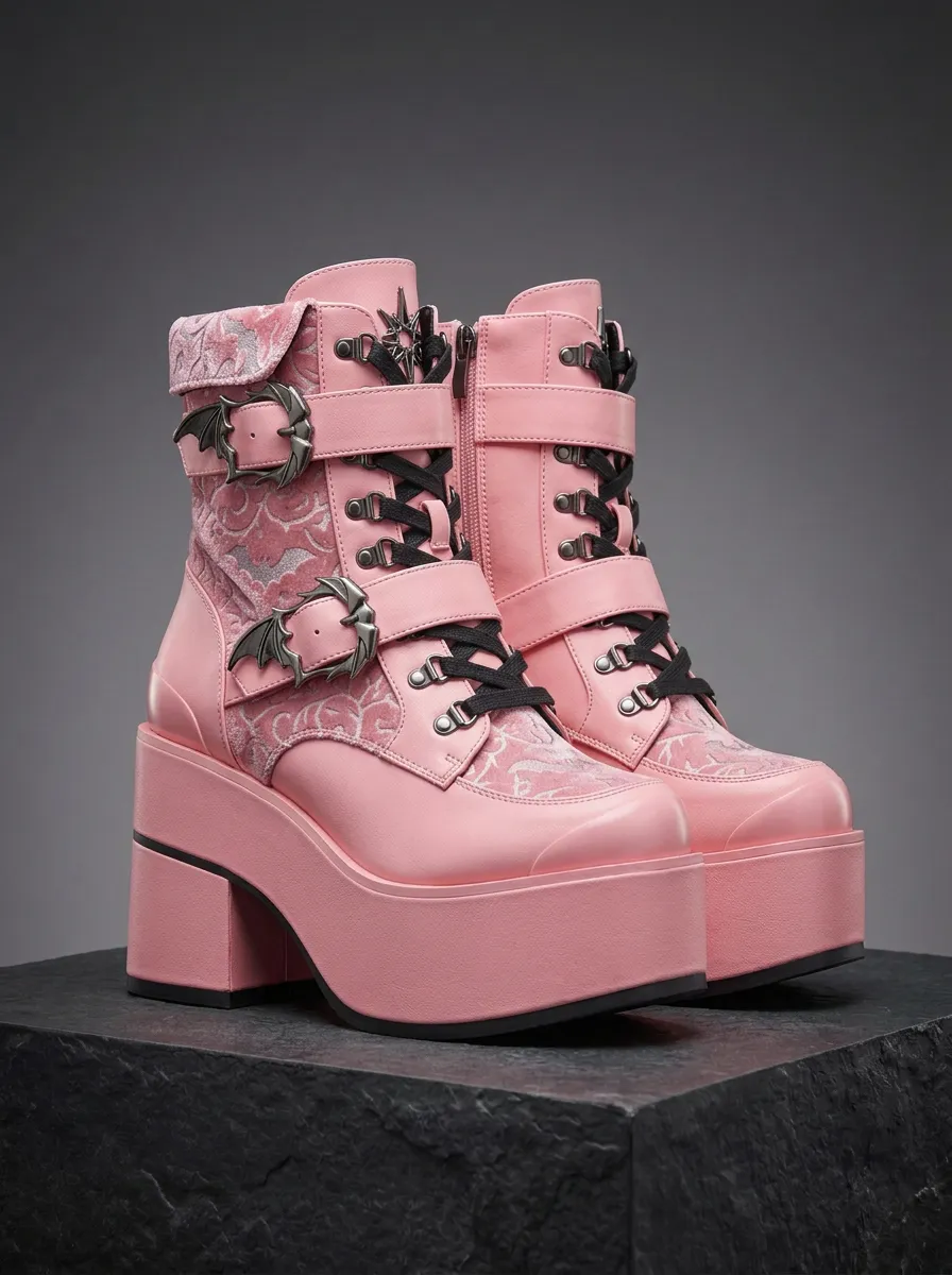 Witchy Bat Buckle Finish Women's Gothic Platform Boots