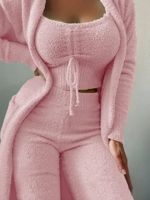 Plush Three Piece Lace Up Pajama Set Casual Suit Home Wear