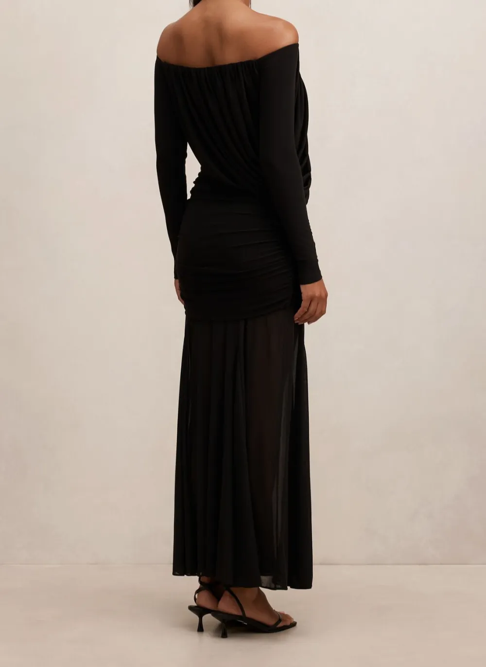 Black Off-the-Shoulder Draped Mesh Maxi Dress