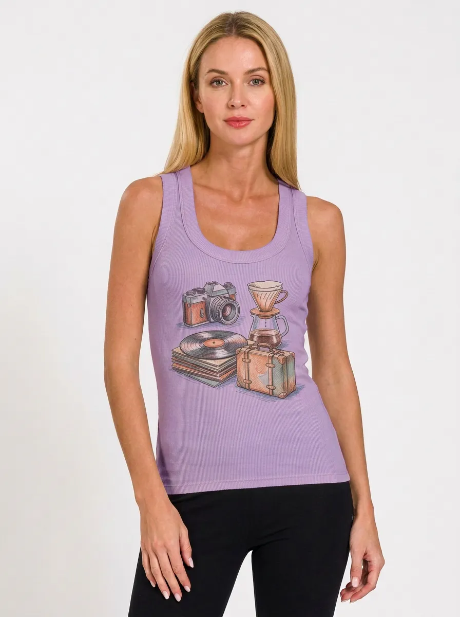 Women's Vintage Hobby Lover Camera Coffee Vinyl Printed Tank Top