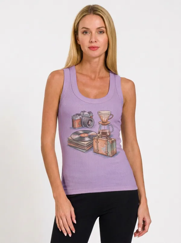 Women's Vintage Hobby Lover Camera Coffee Vinyl Printed Tank Top