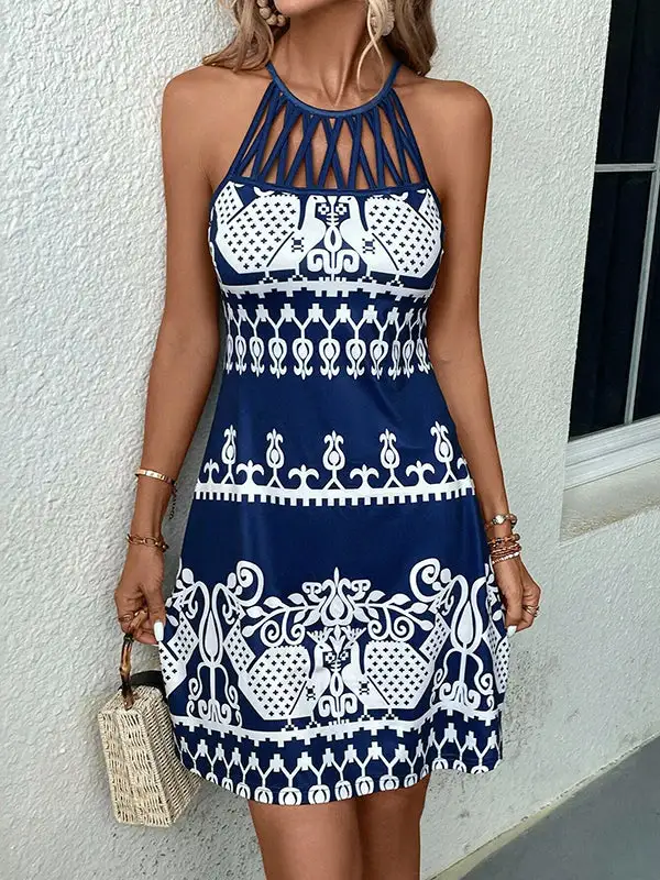 Relaxed Sleeveless Hollow Printed Split Joint Halter Neck Mini Dress