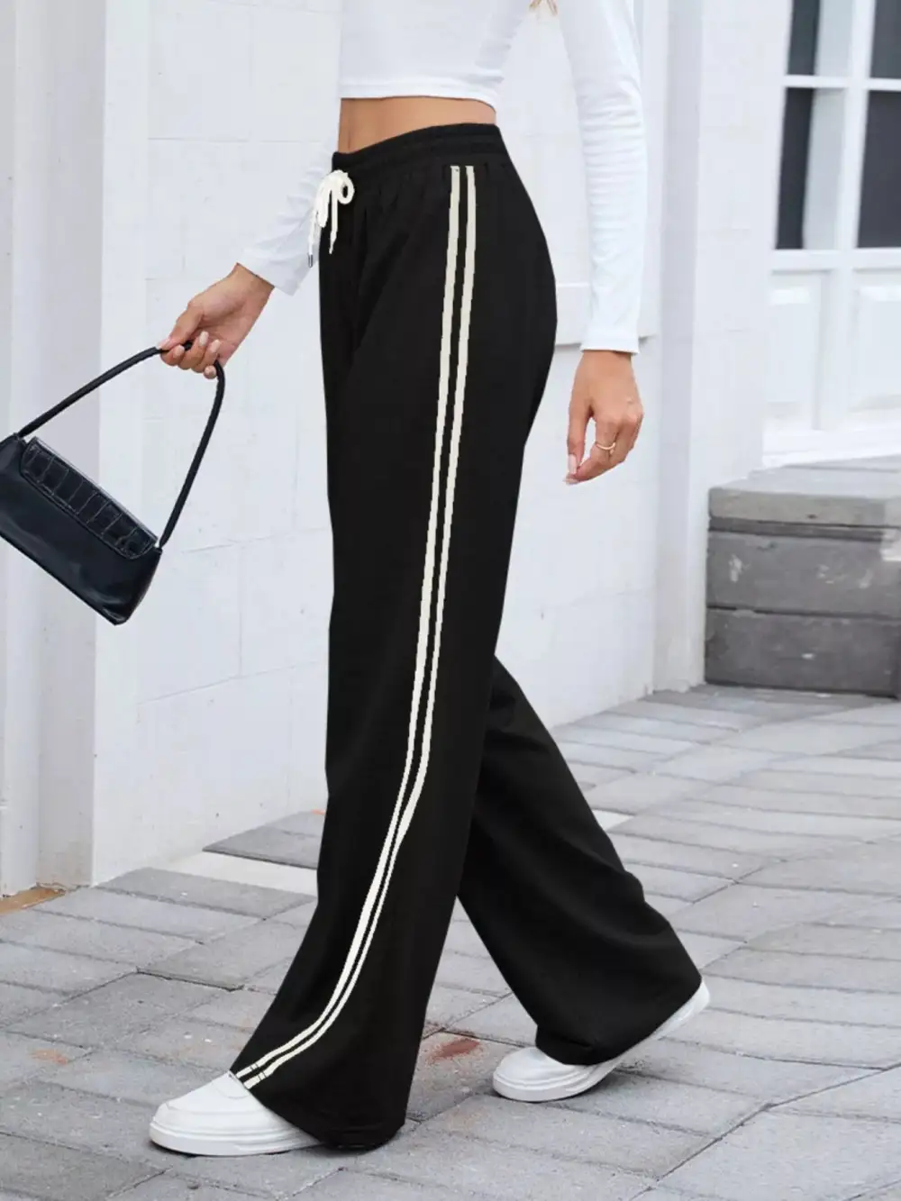 Wide Leg Striped Drawstring Everyday Pants