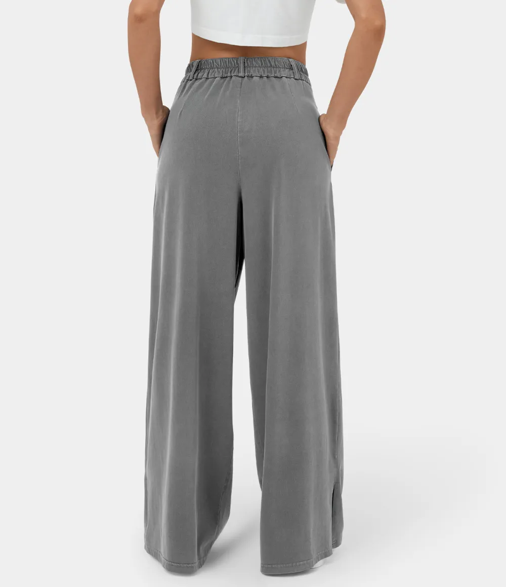 High Waisted Button Zipper Plicated Side Pocket Split Hem Wide Leg Casual Pants